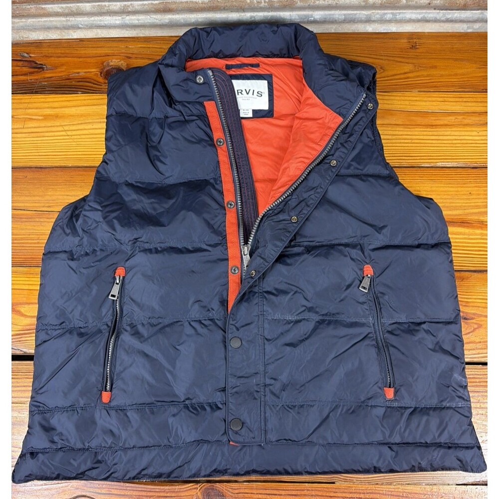 Orvis Vest Mens XL Blue Duck Down Puffer Snap Down Zip Pockets Orange Lined